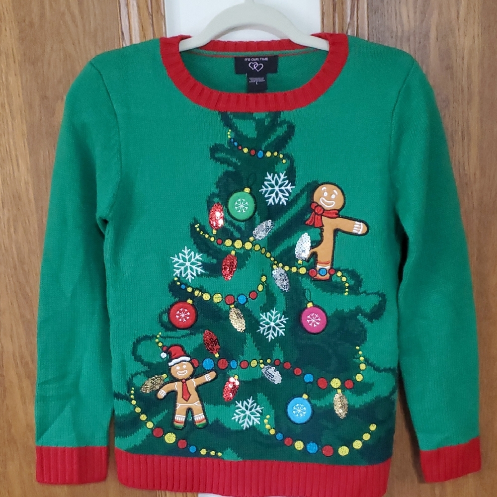 Green Christmas Sweater with Gingerbread Design